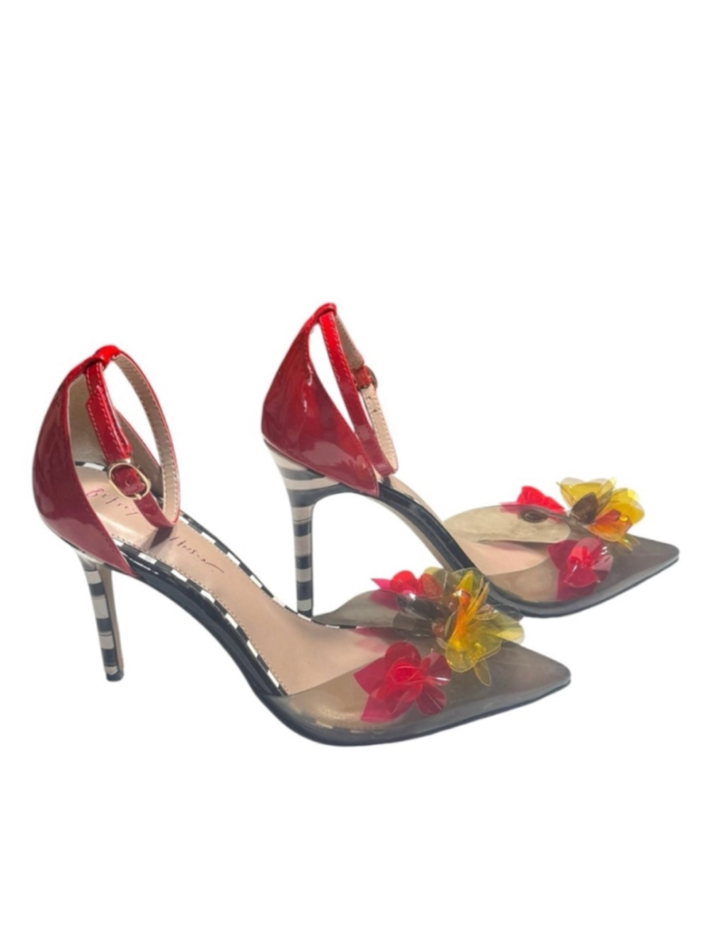 Women's Betsey Johnson Heels Red Black Floral Ankle Strap Pumps Size 10 - Picture 4 of 7